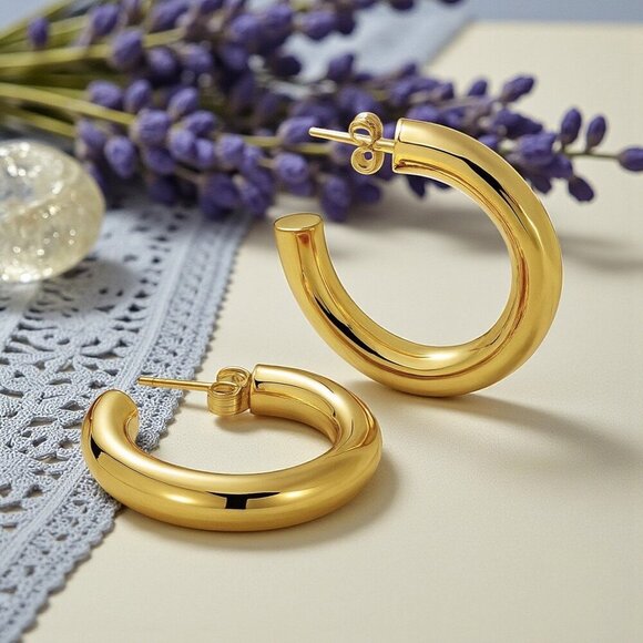 🆕️Chunky C Hoop Earrings 18K Gold Plated Stainless Steel Statement Modern - Picture 3 of 12